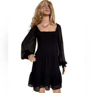 Smocked Long-Sleeve Mini Dress